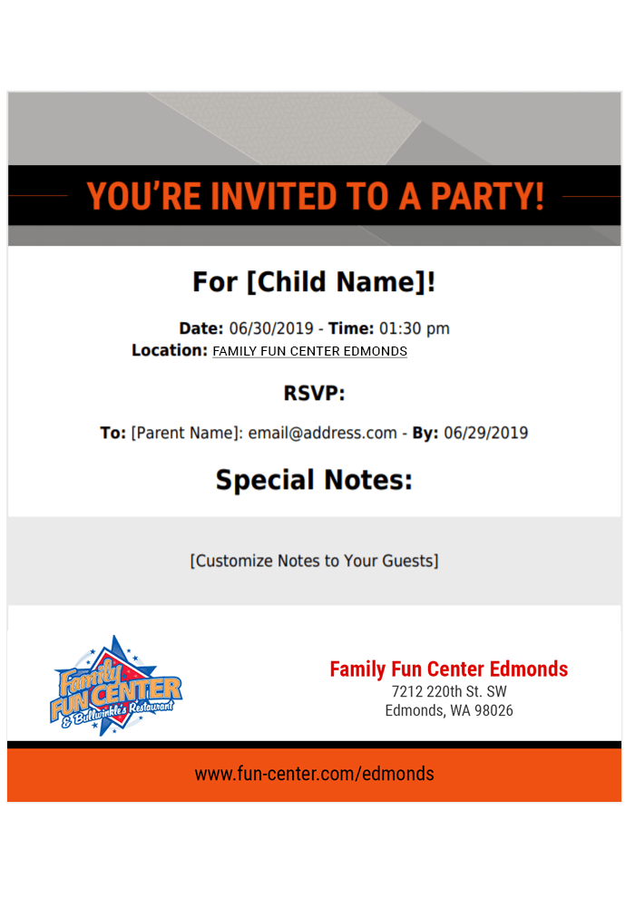 Party Invitations | Family Fun Center & Bullwinkle's Restaurant